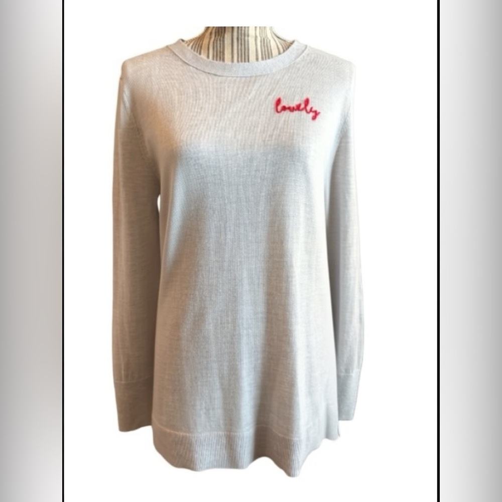Banana Republic Gray Long Sleeve Top with Pink Embroidery extra fine merino wool